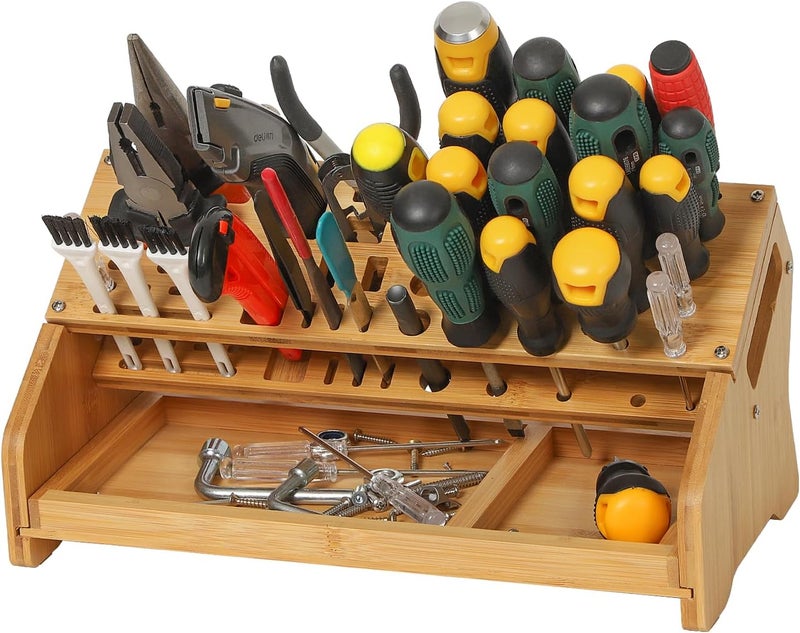 ValuXpro Bamboo Screwdriver Organizer - Tool Storage Organizer Workbench Desktop Rack - Hand Piler Tools Storage Holder (Bamboo, 1) - Image 1